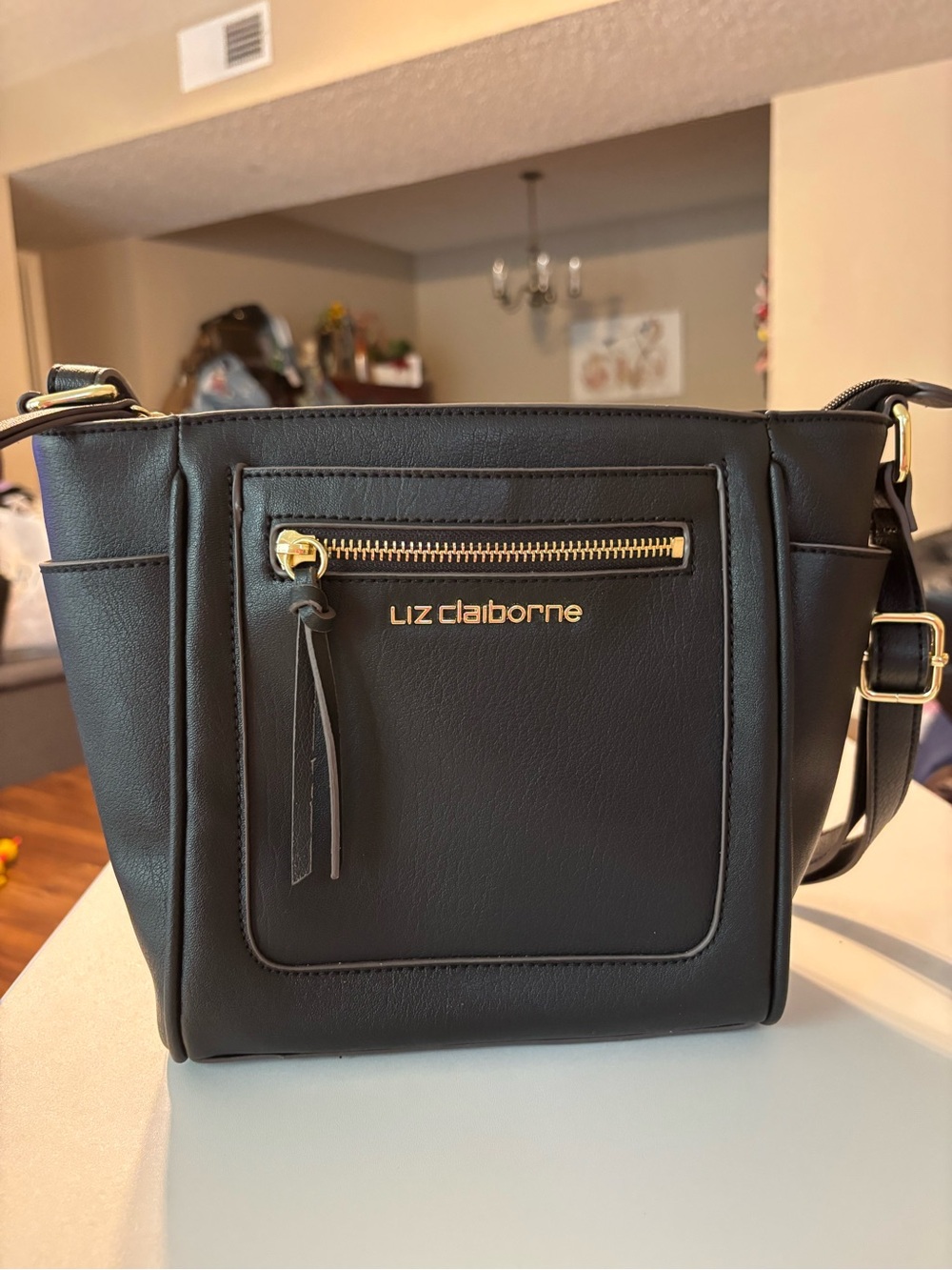Liz Claiborne Black Faux Leather Crossbody with Front Zip